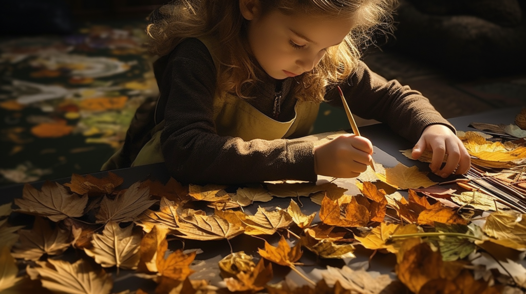 niña haciendo bricolaje con hojas secas lacasaverde.net